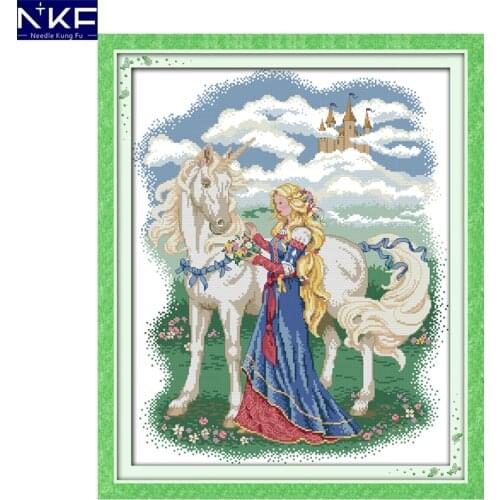 NKF White Horse and Princess Cross Stitch DIY Kit Needlework Counted Cross Stitch Sets for Embroidery Cross Crafts Cross Stitch