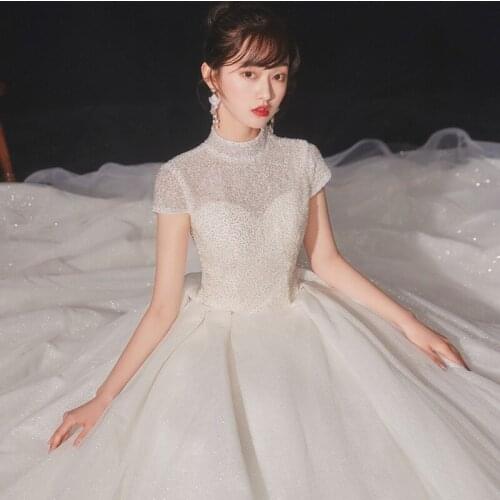 2021 New Luxury High Neck Wedding Dress Handmade Beading Shining Princess Ball Gown Plus Size Custom Made Vestido De Noiva