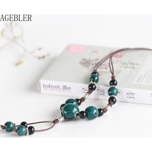 Original Boho Style Women Jewelry Handmade Green Ceramic Beaded Necklaces Fashion Long Tassel Gift Pendant Necklaces Rope Chain