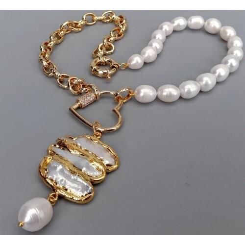 YYGEM Natural Cultured White Rice Pearl Chain Necklace Electroplated Biwa Pearl Pendant 19