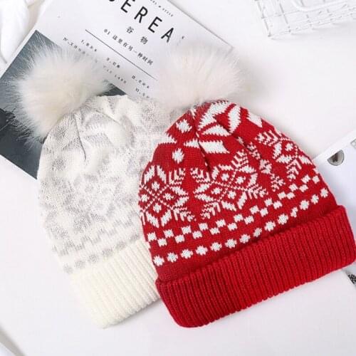 Women Christmas Snowflake Winter Knitted Beanie Hat Cute Fluffy Pompom Stretch Cuffed Skull Cap Holiday Ski Ear Warmer