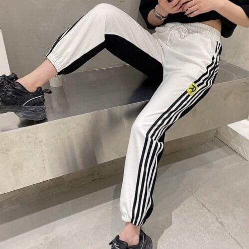 Women Pants Streetwear New Gray Female Color Matching Stripe Elastic Waist Leisure Beam Foot Mouth Guard Pants For Women HJZ139