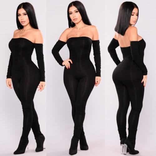 Jumpsuit Women Off Shoulder Bodycon Long Sleeve Clubwear Playsuit Jumpsuits Rompers Skinny Sexy Jumpsuits Female Black Trousers