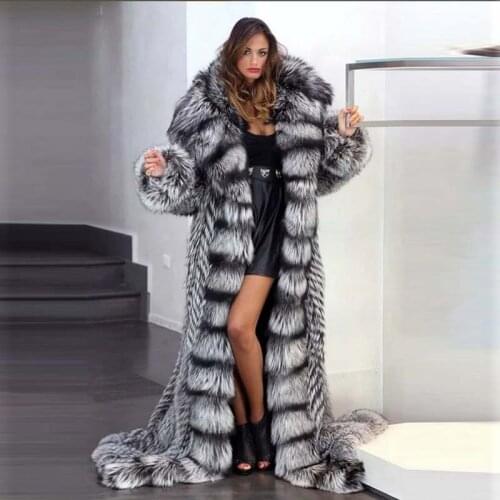 2020 Women Real Fox Fur Coat With Fur Hood 160 CM X-Long Luxury Silver Fox Fur Striped Female Jacket Full Pelt Thick Winter Coat