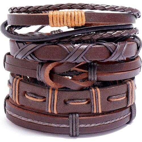 5pcs/set Brown Wrap Woven New Fashion Handmade Men Bracelets Male Women Leather Bracelet Men Bangle Jewelry Gift