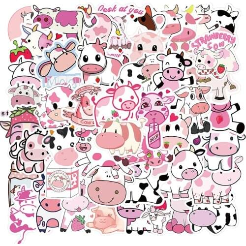 50PCS Cartoon Pink Strawberry Cow Stickers Waterproof Animal Graffiti Decals For Kids DIY Skateboard Luggage Toy Sticker
