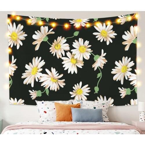 Dasiy Flower Black Tapestry Vintage Exotic Summer Plant Nature Frame for Bedroom Photography Wall Decor