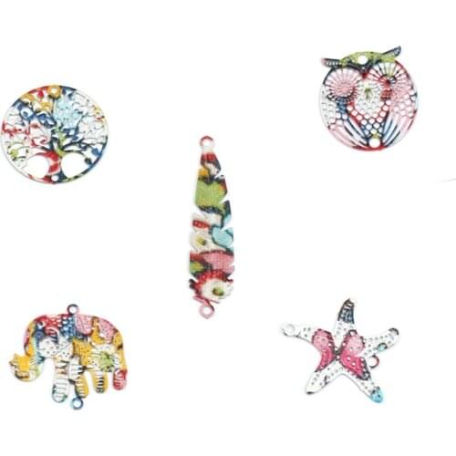 DoreenBeads Fashion Copper Filigree Stamping Connectors Leaf Multicolor Painting Charms Jewelry DIY Findings 37mm x 8mm, 10 PCs