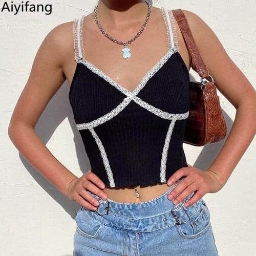 Europe Lace Patchwork Camis Women Sexy Sleeveless Tank V-Neck Short Camisole Vest Backless Black White Spaghetti Strap Crop Top