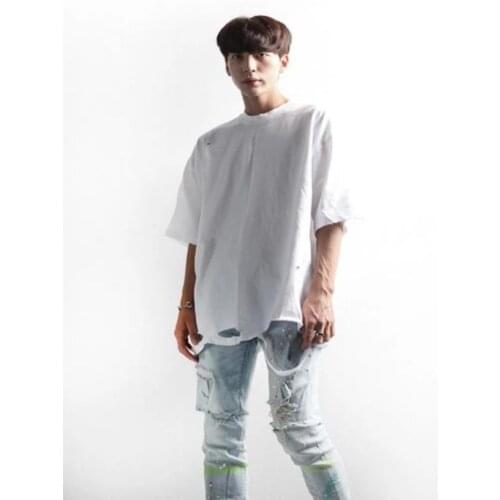 Mens summer European and American high street retro simple pure color hollow out hem round collar short sleeve T-shirt