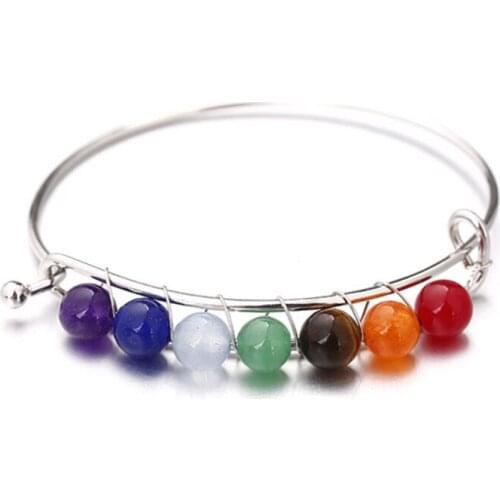 FYJS Unique Silver Plated Circle with 7 Colors Quartz Stone Beads Bangle Healing Reiki Chakra Jewelry