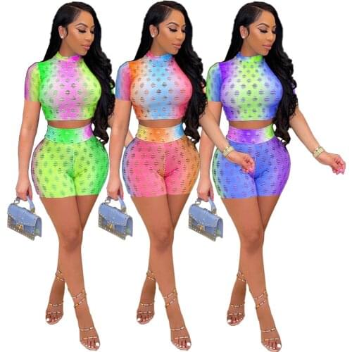 Echoine Women Gradient Print Hollow perspective Short Sleeve Crop Top Strechy Shorts Sexy Two Piece Set Sporty Summer Outfits