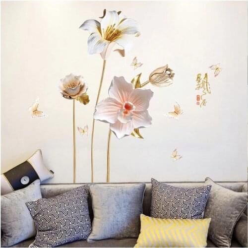 Creative 3D Emboss Style Orchids Flowers Wall Stickers for Living Room Home Decoration Art Decals Bedroom Girls Room Sticker PVC