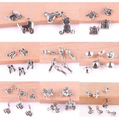 30Pcs/Lot Cute Baby Cart Bottle Footprint Charms Lotus Bowl Spoon Pendant Diy Jewelry Making Findings