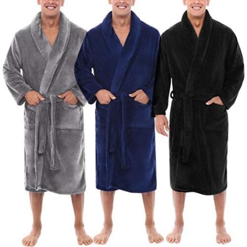 Men pajamas bathrobe Shawl Collar Fleece Solid Long Bath Robe Home Gown Sleepwear Warm Clothes Autumn Winter Robes with Pocket