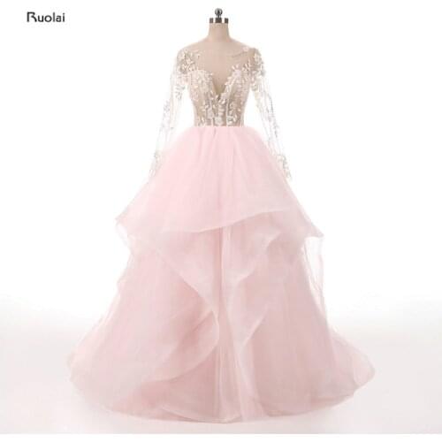 Robe De Soiree Charming Pink Tulle Evening Dresses Sheer Long Sleeves Open Back Sweep Train Ball Gown Party Dresses Custom Made