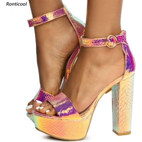 Ronticool Customization Color Women Platform Sandals Snake Ankle Strap Block Heels Open Toe Gorgeous Gold Party Shoes Size 35-52