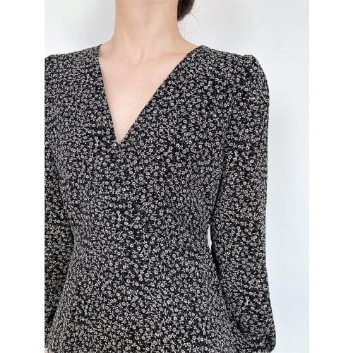 Chiffon V-neck Floral Dress Loose Sleeves Long Dresses A-line Small-flowered Simple Elegant One-piece Womens Spring 2021 New