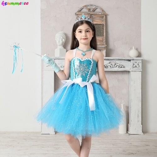 Snow Ice Princess Queen Girls Tutu Dress Glittery Sparkle Handmade Kids Halloween Party Birthday Fancy Dresses Elsa Clothes