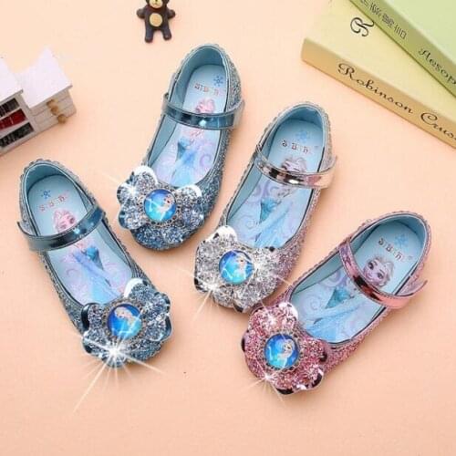 Disney Frozen Princess Flat Shoes For Baby Girls Fashion Children Pu Leather Dances Shoes Sequins Bow Girls Sandals Elsa Shoes