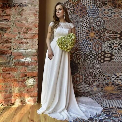 Magic Awn Modest Lace Chiffon Wedding Dresses Appliques Short Sleeves Illusion Country Bridal Gowns A-Line Boho Robe De Mariee