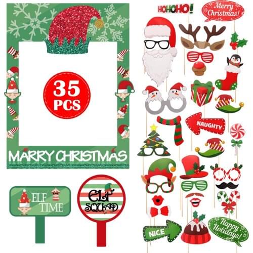 Behogar Merry Christmas Funny Selfie Frame with 1 Set Photo Booth Props for Xmas Winter Theme Holiday Party Supplies