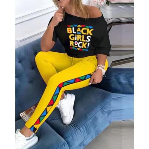 Letter print ladies trousers color matching sports and leisure plus size suit