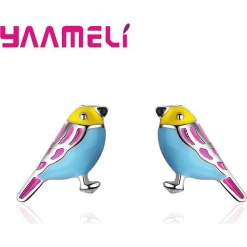 New Creative Design Colorful Bird Stud Earrings For Girls 100% Pure 925 Sterling Silver Women Lady Fashion Stud Earring Top Sale