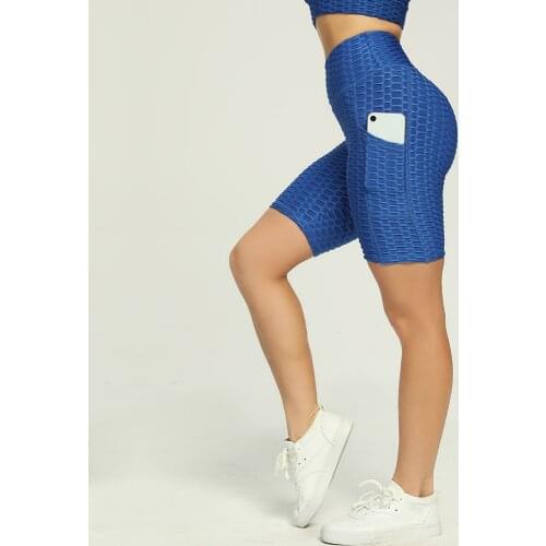 Women Yoga Shorts with pocket High Waist Textured Hip-Up Tight Elastic Sport Shorts Running Fitness Gym Clothes Short Leggings