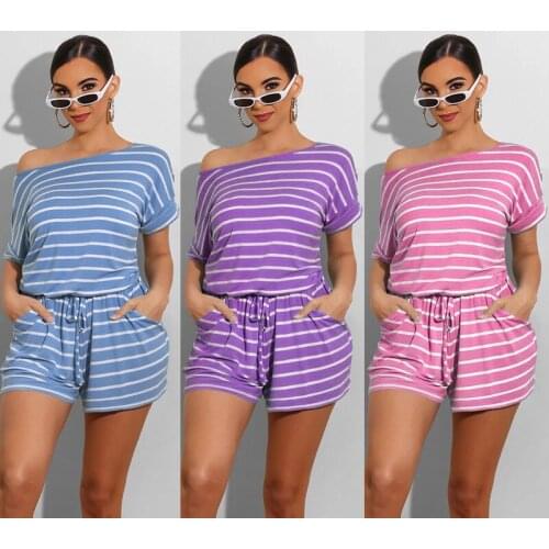 Wantmove Womens New Rompers Cutton Off The Shoulder Short Sleeve Lace Up Casual Shorts Stripe Loose Jumpsuits AM693