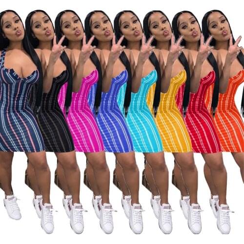 Stripe Printed Tank Dresses for Women Summer Casual Sleeveless V Neck Racerback Mid Maxi Dresses Mid Waist Simple Vest Dresses