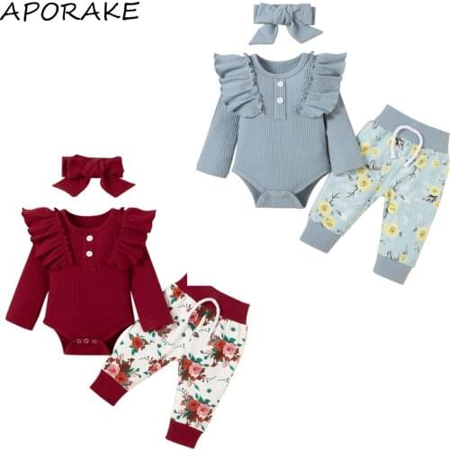 2021 0-18M Baby Girl Clothing Solid Color Ruffled Long Sleeve Knit Romper+Floral Print Elastic Waist Pants+Headband Autumn 3pcs