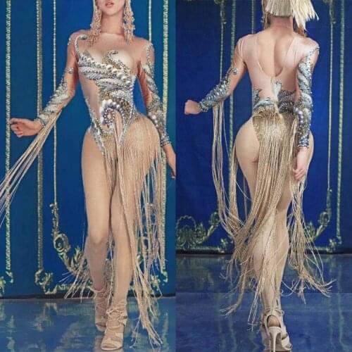 Shining Rhinestone Long Sleeves Fringes Jumpsuit Birthday Celebrate Nightclub Gogo Singer Costume Bodysuits