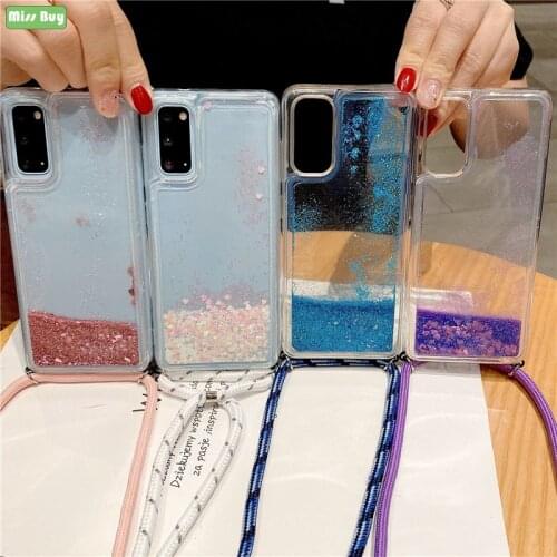Glitter Liquid Quicksand Lanyard Phone Cases For Samsung Galaxy A51 5G A50 A40 A31 A30 Case Necklace Lanyard Protection Cover