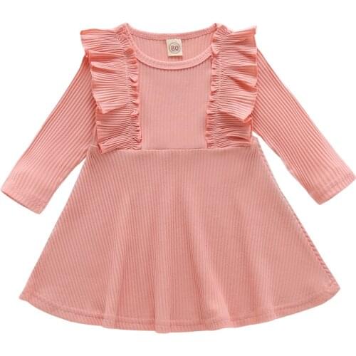Pudcoco 2020 Little Girls' Long Sleeve Ruffles Dress Fashion Casual Wild Lace Round Neck Knitted Dress Solid Color Sundress 1-6Y