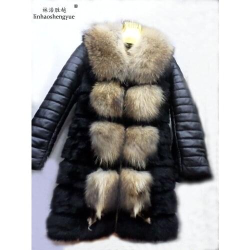Linhaoshengyue Raccoon Rabbit Fur and Long Sleeve Long Coat