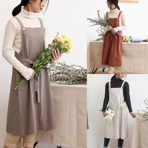Korean Style Cotton Linen Apron Dress Adjustable Buttons Kitchen Cooking Aprons for Women Lady Chef Baker Server K0AB