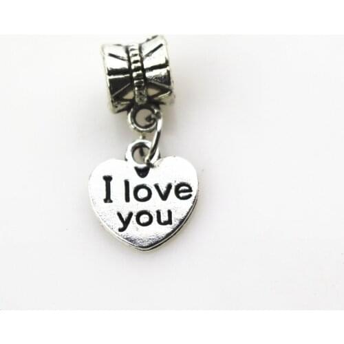 Hot selling 50pcs/lot heart I love you charms big hole pendant beads charm fit nacklace bracelet diy jewelry dangle charms
