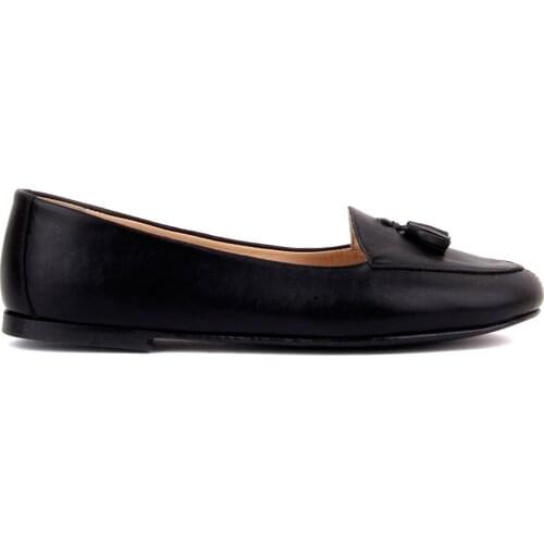 İloz-Black Leather Tassels Women Loafer