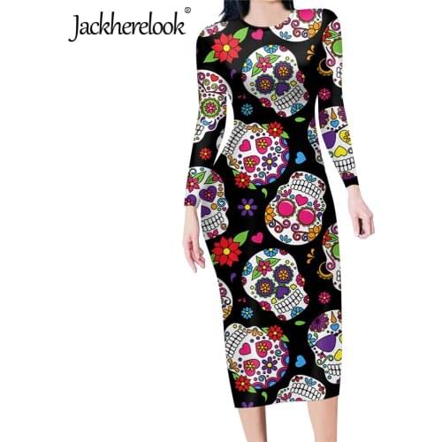 Jackherelook Sugar Skull Ptiny Spring/Autumn Womens Long Sleeve Slim Bodycon Dresses Tunic Casual Pencil Dress Vestido de Mujer