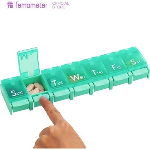 Femometer 7 Day Pill Organizer Medicine Vitamin Box Weekly Daily Planner Large Compartments BPA Free Green