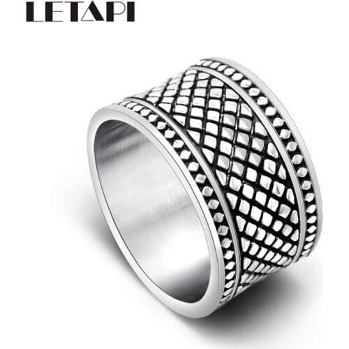 LETAPI Silver Color-Color Grid Pattern Wide Version Ring Tide Men and Women Finger Ring Titanium Steel Ring