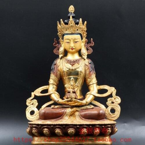 Copper half gold process Amitayus Buddha Regard all beings with compassion Size seven inches (21 cm)