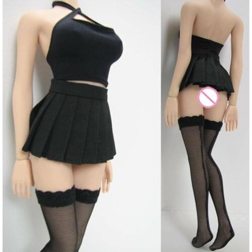 1/6 Scale Female Clothes Set Black Halter Tops Dress Stocking for Female Seamless Body Large Bust Doll