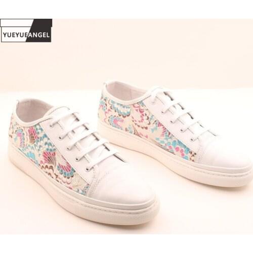 New Vintage Mens Floral Embroidery Casual Shoes Lace Up Low Cut Skateboard Shoes Genuine Leather Sneakers High Street Trainers