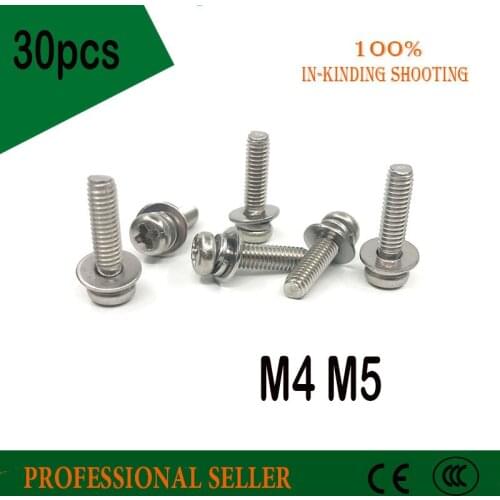 30PCS M4 M5 304 stainless steel Round Combination Screw Three Combination Screws Cross Pan Head Combination bolt