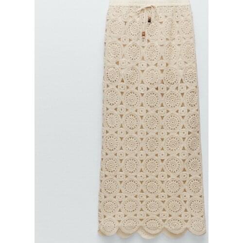 ZAAHONEW 2021 New Ladies Hollow Out Solid Color Elastic Waist Crocheted Skirt With Drawstring Women