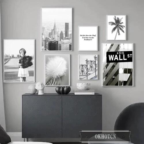 New York Chrysler Building Street Road Canvas Painting Black White Feather Palm Tree Poster Wall Art Pictures Interior Decor