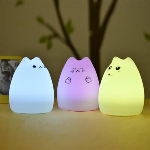 Lovely USB rechargeable LED Colorful Night Light Animal Cat Silicone Soft Breathing Cartoon Baby Nursery Lamp for Children Gift