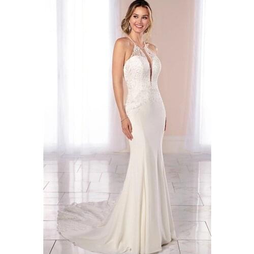 VLLUSISA Sexy Deep V Backless Wedding Dresses Beading Halter Soft Satin Wedding Gowns